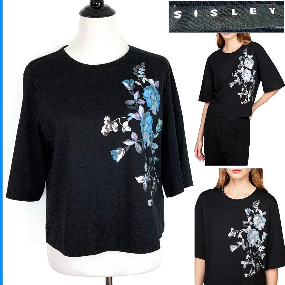 New Sisley Women's Black T-Shirt Floral Print Sz M - Picture 2 of 16